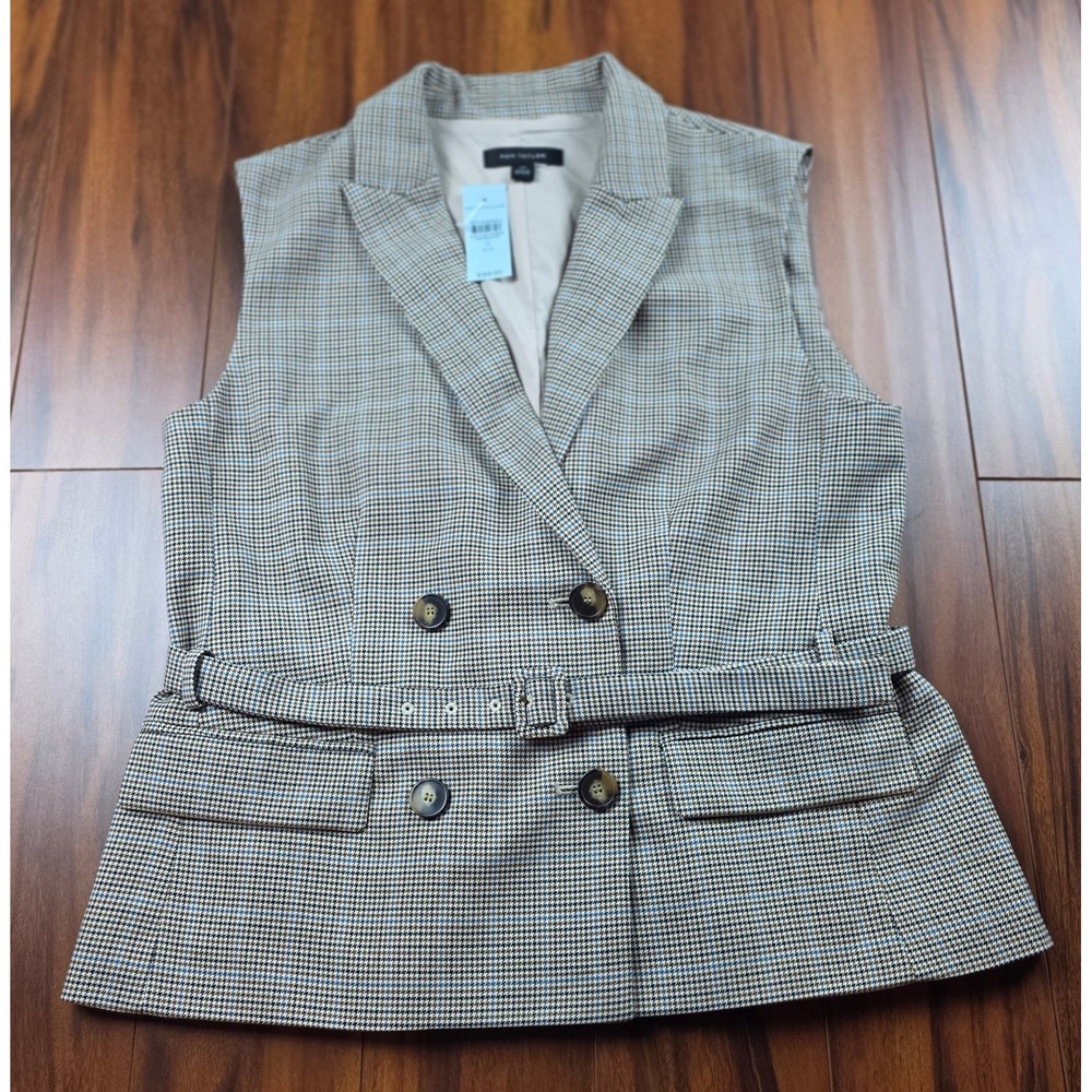 Ann Taylor Womens 12P Glen Plaid Belted Double Breasted Blazer Vest NWT